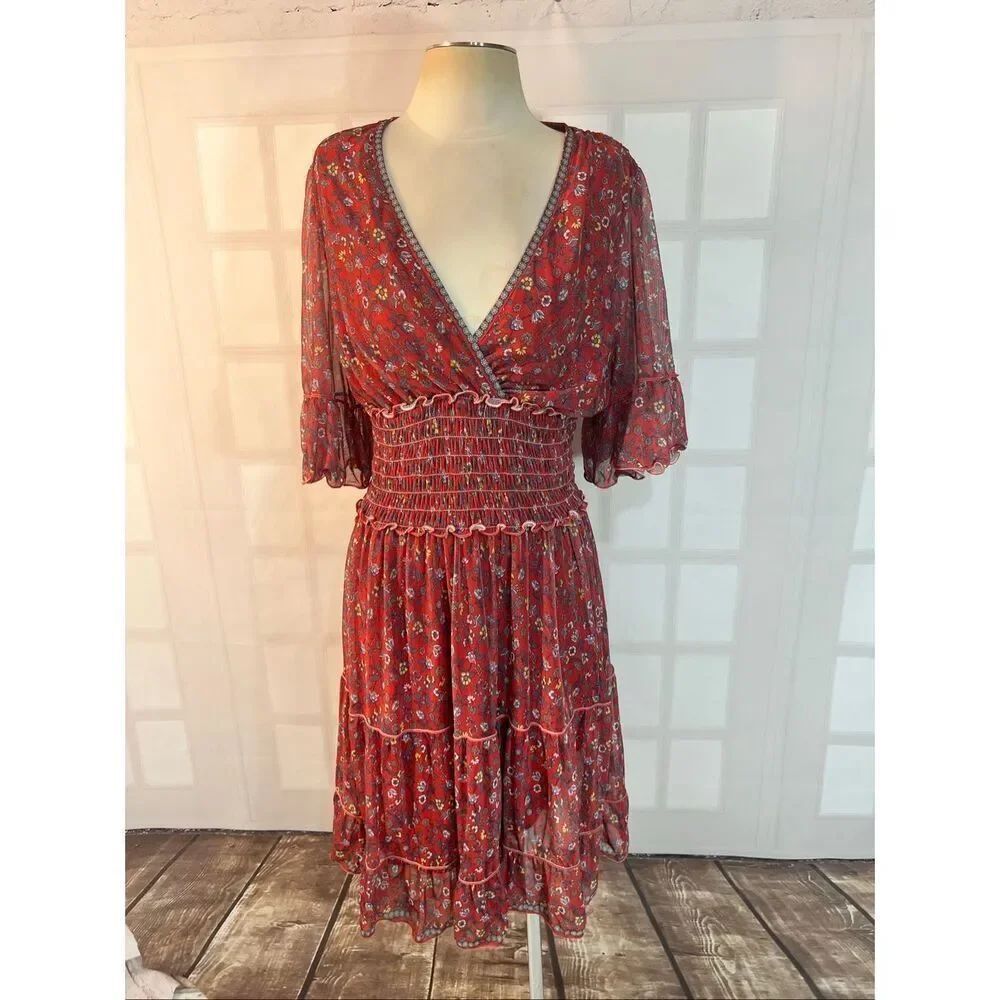 Max Studio Multicolor Floral Smocked Flutter Sleeve Fit & Flare Dress Large